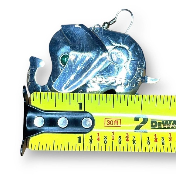 Hand Crafted Earrings Drop Style Elephant Engraved Metal with Glass Green Jewel - Picture 5 of 6